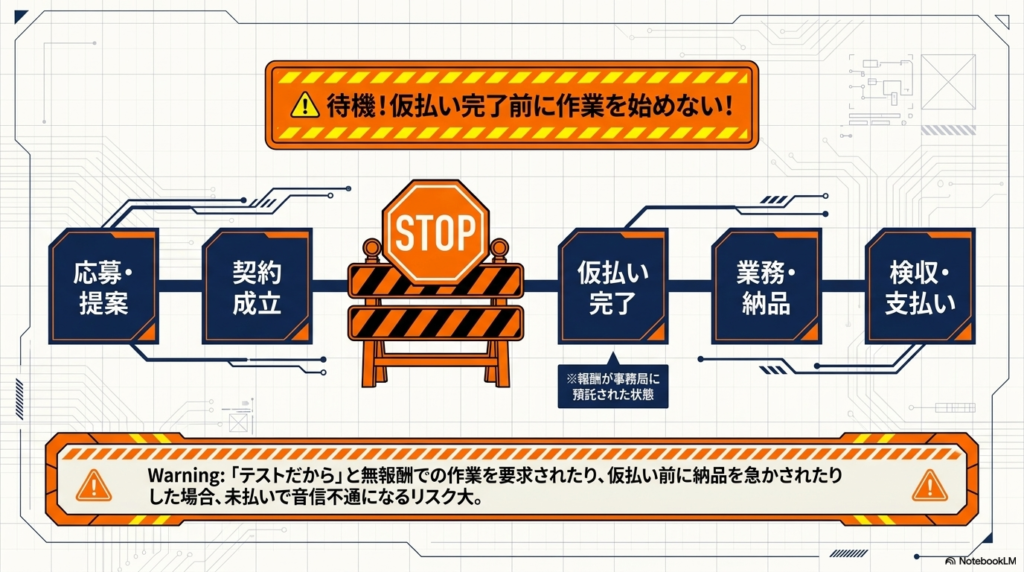 「仮払い前の着手」は厳禁
「後で払うから先にやって」は100%罠です。仮払いを確認してから剣を抜いてください。

外部SNSへの強引な誘導を警戒
契約前にLINEやLinkedInへ誘導する案件は、高確率で詐欺や高額スクールの勧誘です。

初期費用の要求は即拒否
「仕事を紹介するために教材を買え」という案件は、戦う価値のないゴミです。即座にスルーしてください。