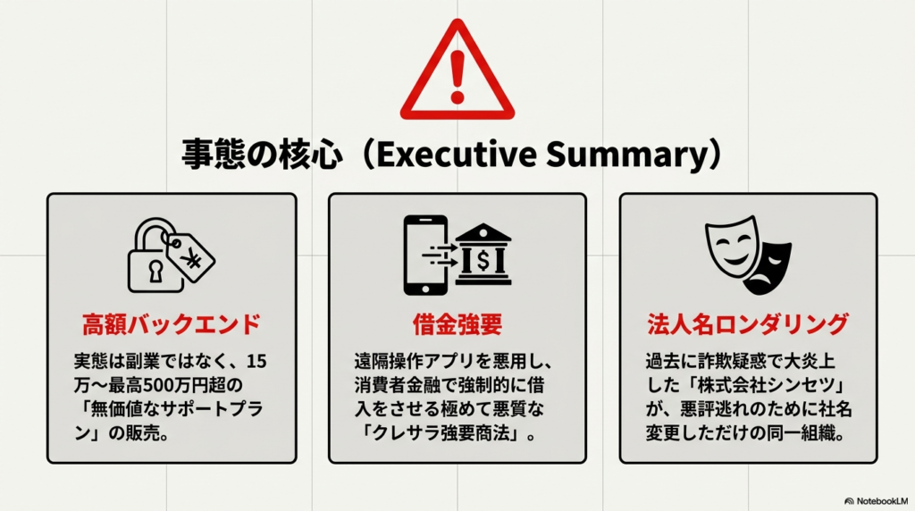 本案件は「スマホで簡単に稼げる」として集客し、実際にはアフィリエイト運用＋高額サポート契約へ誘導する構造とされています。