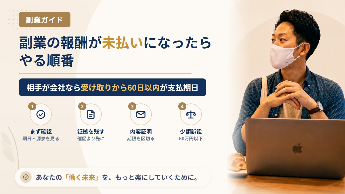 副業の報酬が未払いになったら?催促から少額訴訟までの6段階とフリーランス法の60日ルール