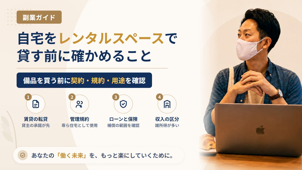自宅をレンタルスペースとして貸す副業|賃貸の転貸・管理規約・収入の区分で確認すること
